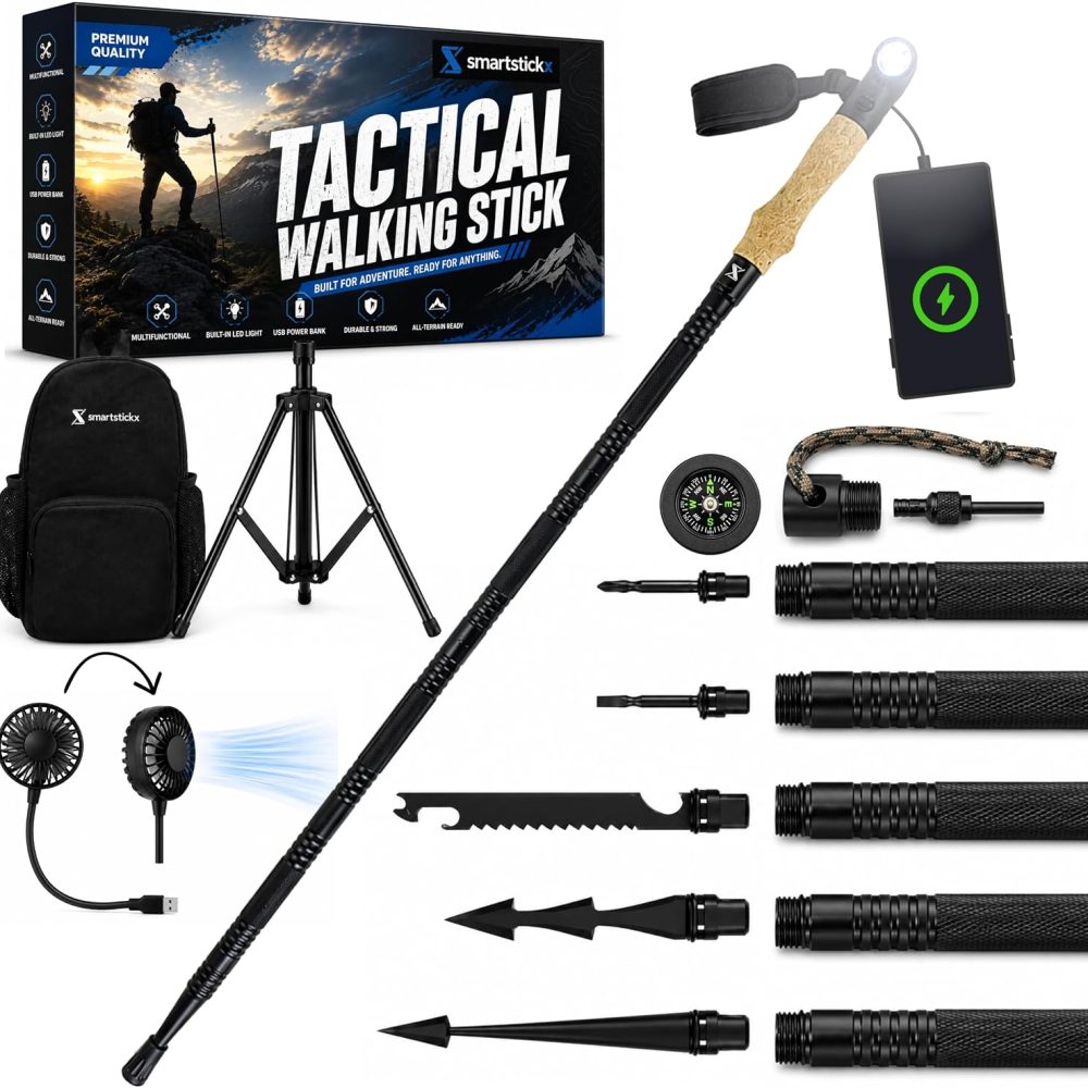 Tactical Hiking & Walking Stick - Survival Multi-Tool w/Light & Power Bank